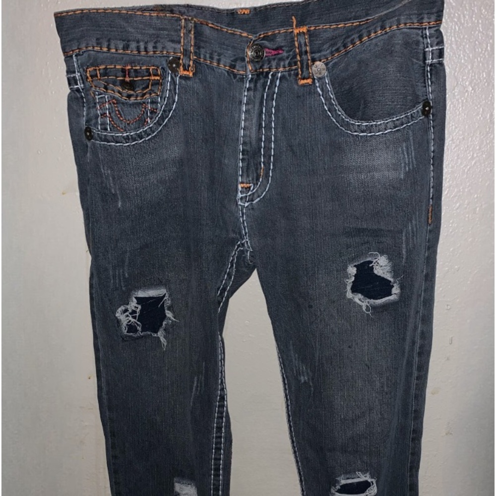 Vintage True religion distressed jeans with orange stitching